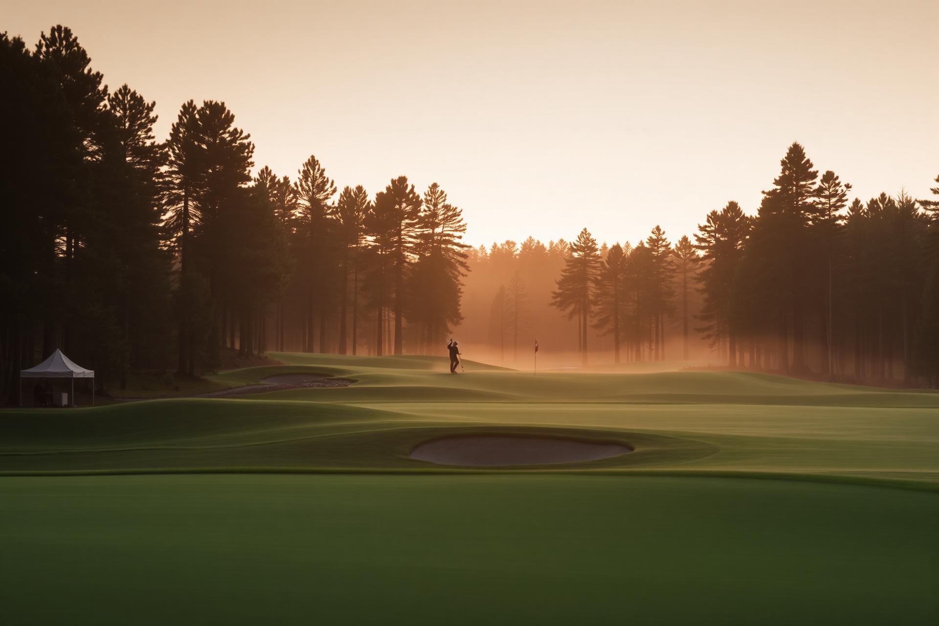 Golfbana i gryningsljus